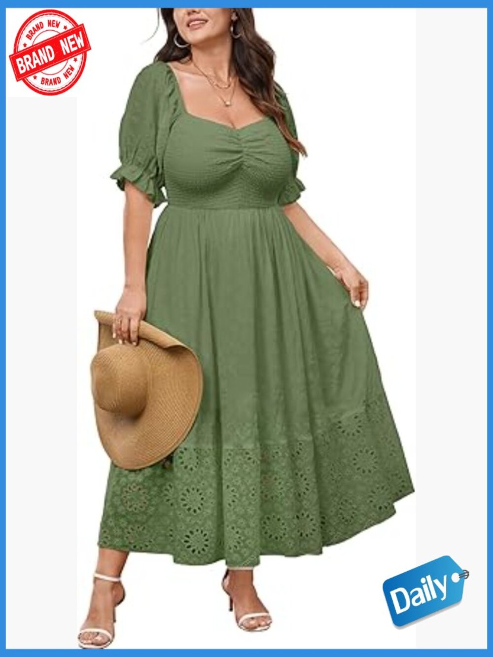 Plus Size Maxi Dress Sweetheart Smocked Lace Eyelet Boho A-Line
